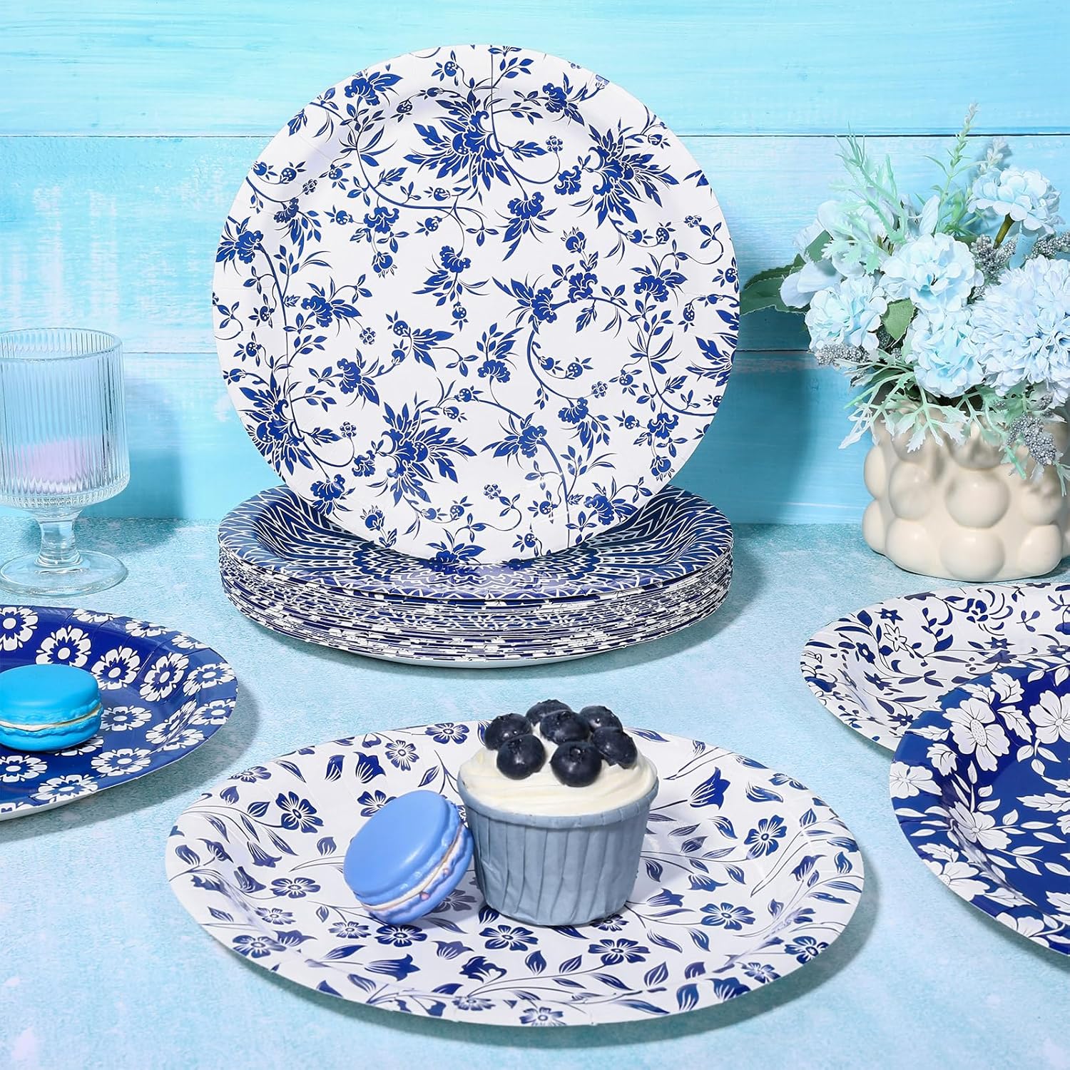 60 Pcs Blue White Flower Paper Plates Chinoiserie Floral Pattern Disposable Plates 9 Inch Party Tableware for Wedding Birthday Picnic Table Decor Supplies, 6 Designs - Image 3
