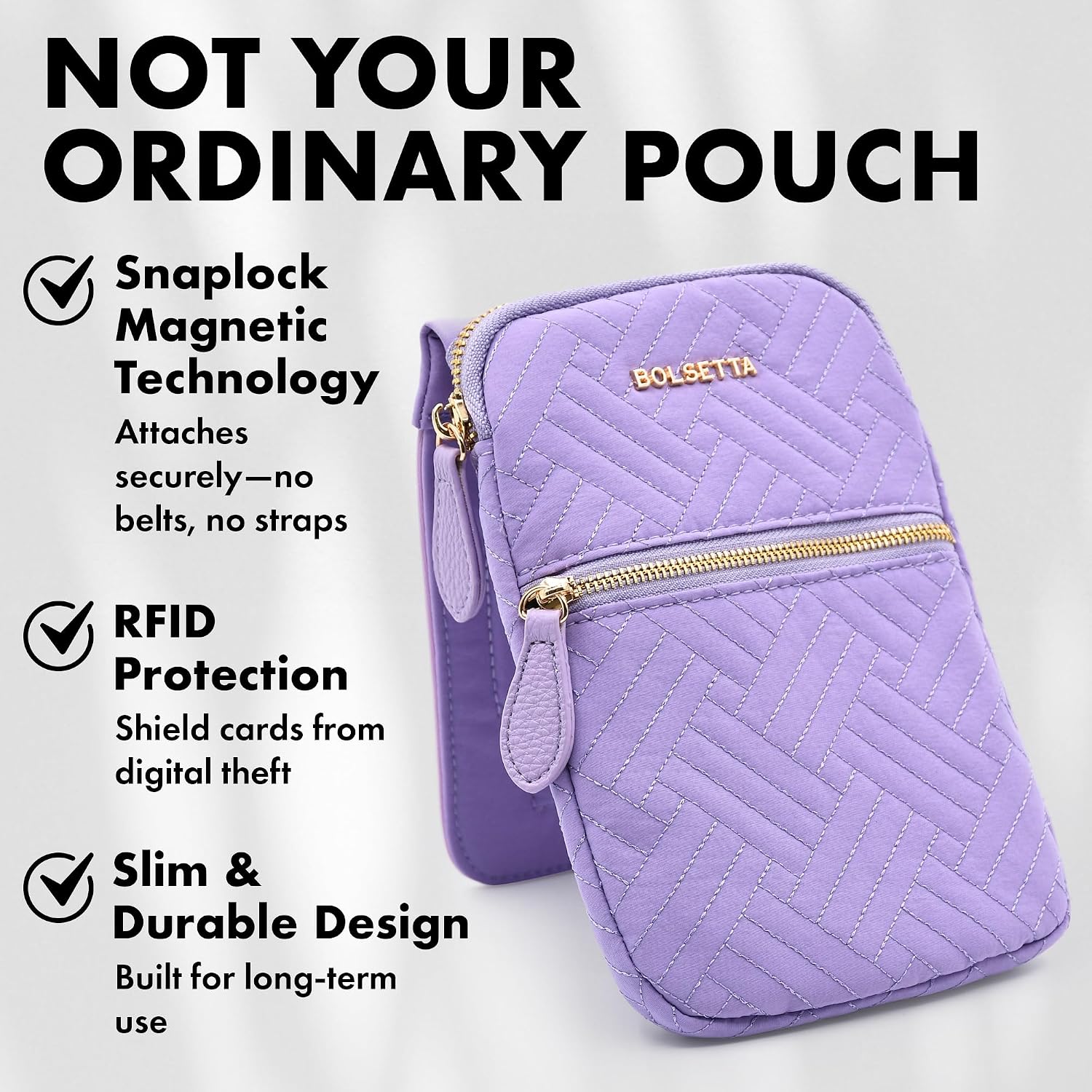 Magnetic Hip Pouch - RFID Blocking Pouch and Key Fob Protector - Zippered Pocket, Magnetic Snaplock Attachment - Lightweight Travel Wallet, Hip Bag for Concerts and Errands - Lavender Quilt