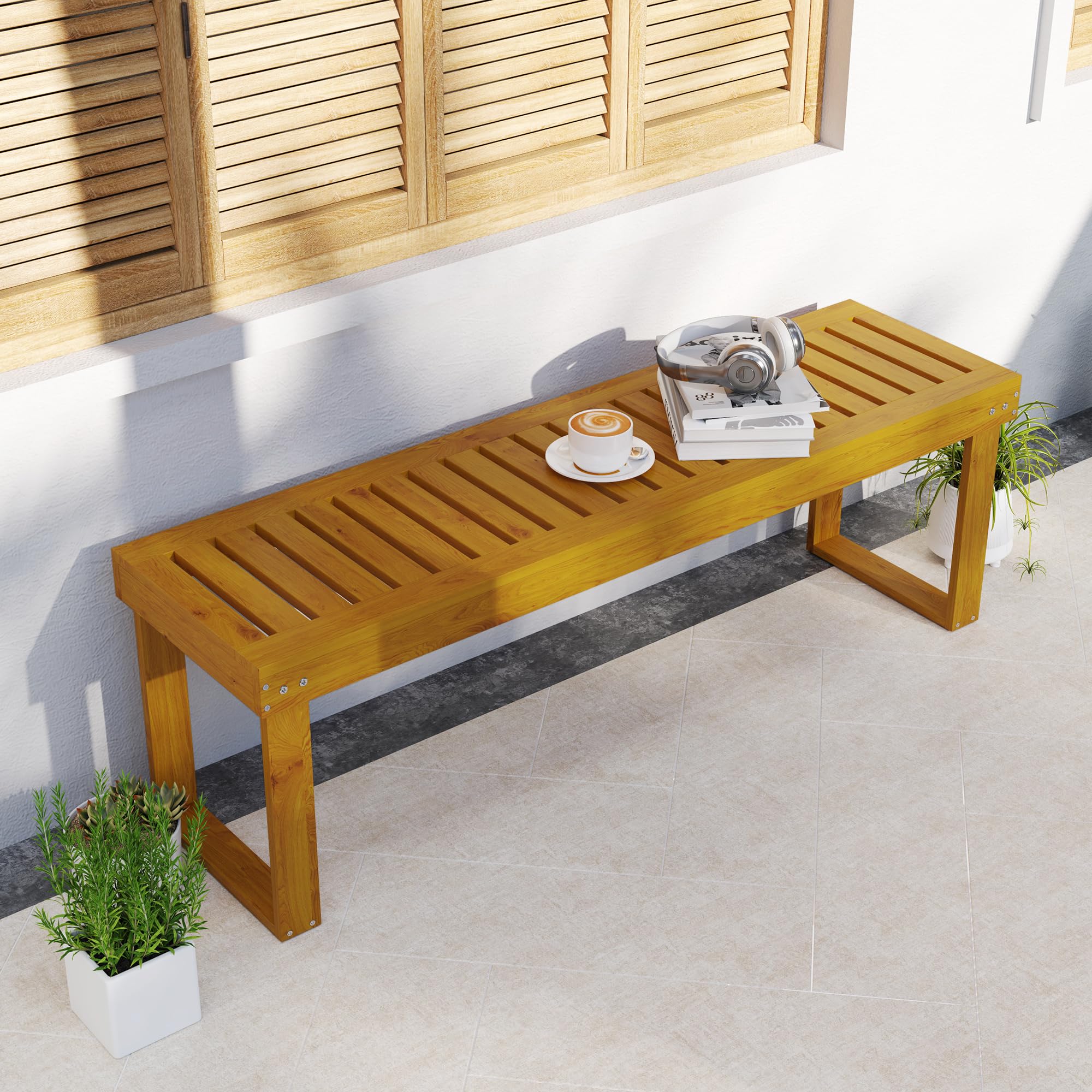 Outsunny Banc de Jardin, Banc en Bois de pin 2 Places, Banquette de Jardin, Assise à Lattes, 132 x 34 x 43 cm, Bois Naturel