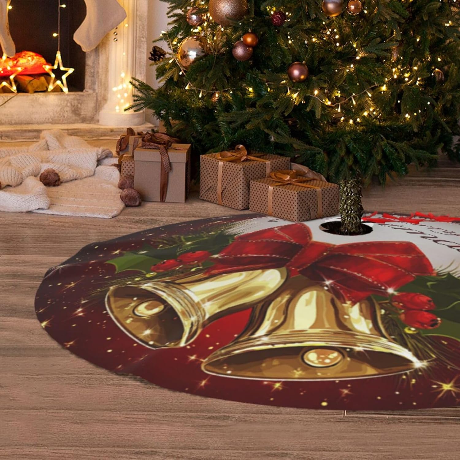 Christmas Tree Skirt Christmas Bell Red Xmas Soft Polyester Holiday Tree Base Cover, Decorative Xmas Tree Mat 36 Inch for Home, School, Office
