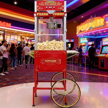 Popcorn Machine with Cart & Wheels - Stainless Steel 20OZ Kettle Pop corn Maker Machine for Home, Theater, Parties Commercial Grade Electric Popper, Red