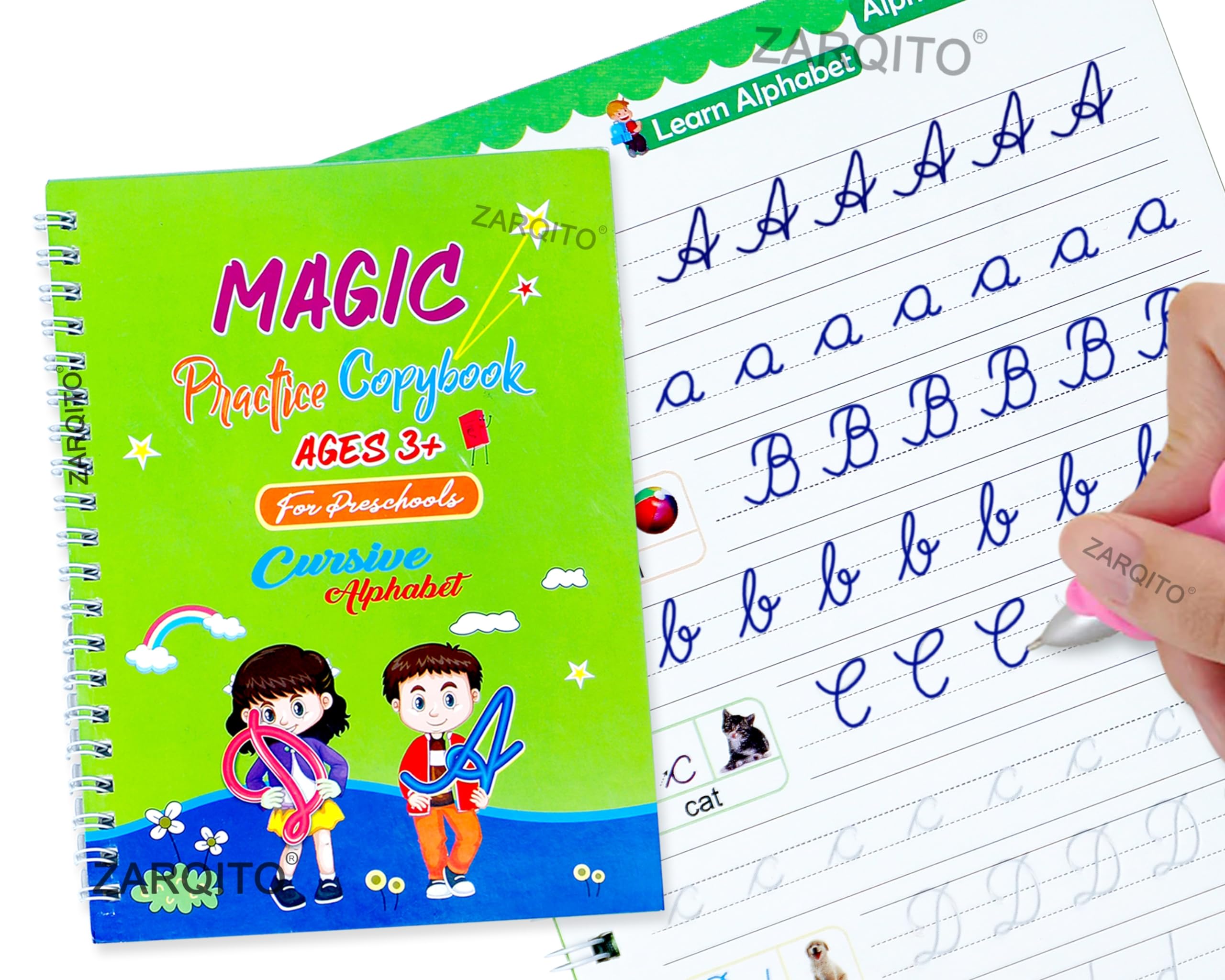 ZARQITO Cursive Writing Magic Practice Copy Book 4Book+10Refills+1pen+1Grip (Cursive Alphabet+Basic Latter Alphabet + Number+ Drawing)