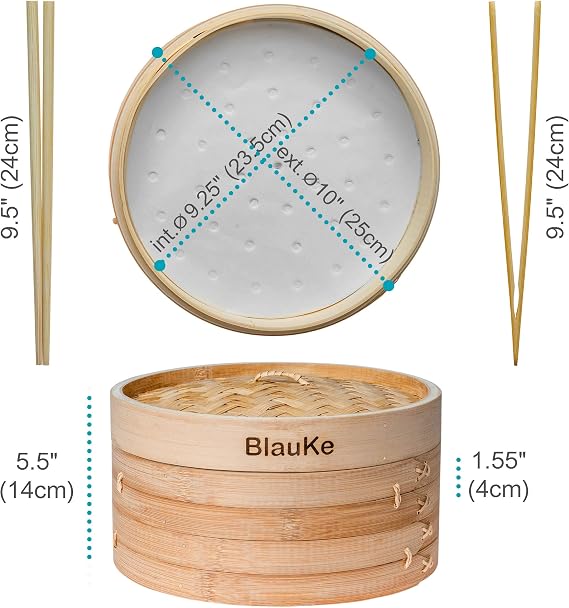 Bamboo Steamer Basket 25cm with Chopsticks, Tongs, 50 Paper Liners – 2-Tier Food Steamer for Cooking Dumplings Vegetables Meat Fish Rice – BlauKe®