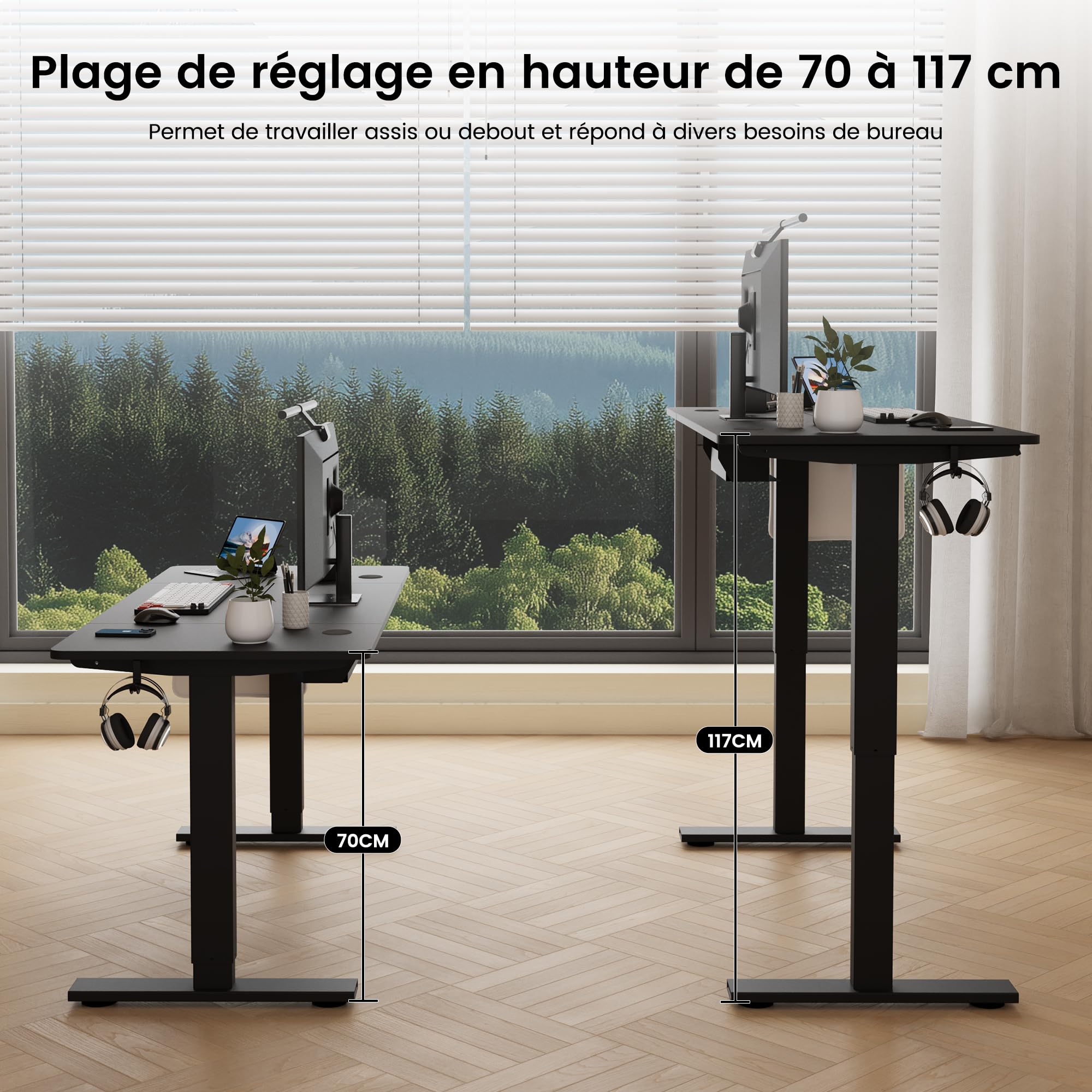 Bureau 60x110 cm, électrique, réglable 70–117 cm, avec mémoire et Anti-Collision, idéal pour Bureau, télétravail et Gaming (Noir)