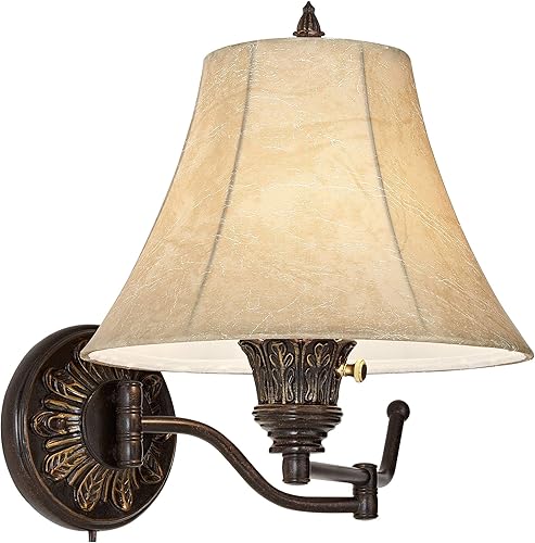 Miniatura 7 de Barnes and Ivy Rosslyn - Juego de 2 lámparas de pared rústicas francesas con brazo oscilante, de bronce, pantalla de campana de piel sintética para