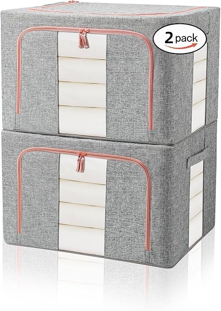 FUSACONY Closet Organizers and Storage, Foldable Oxford Cloth Steel Frame Box,2 Pack,Clear Window & Carry Handles, Waterproof, can Hold Large-capacity Clothes, Bedding, Blankets, Grey (100L)