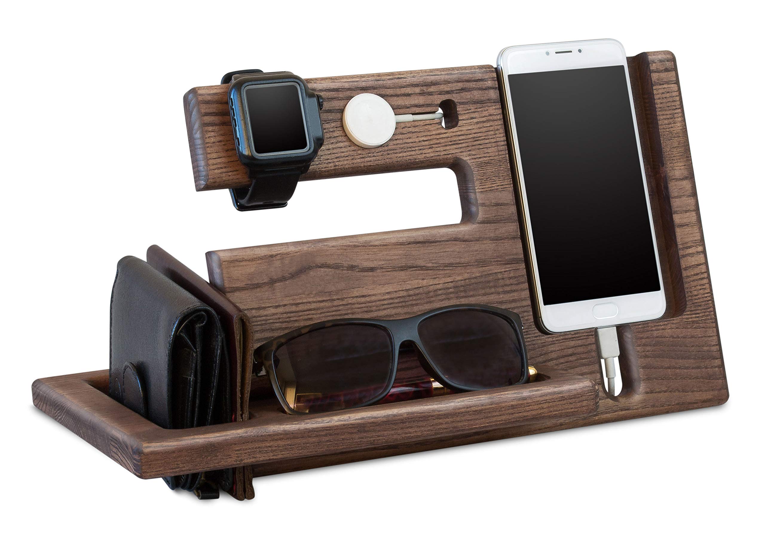 Wood Phone Docking Station, Oak Desk Organizer, Tablet Holder, Key, Coin, Wallet, Watch Stand, Handmade Men Graduation Gift, Husband Anniversary, Dad Birthday Idea, Nightstand for Him, Travel