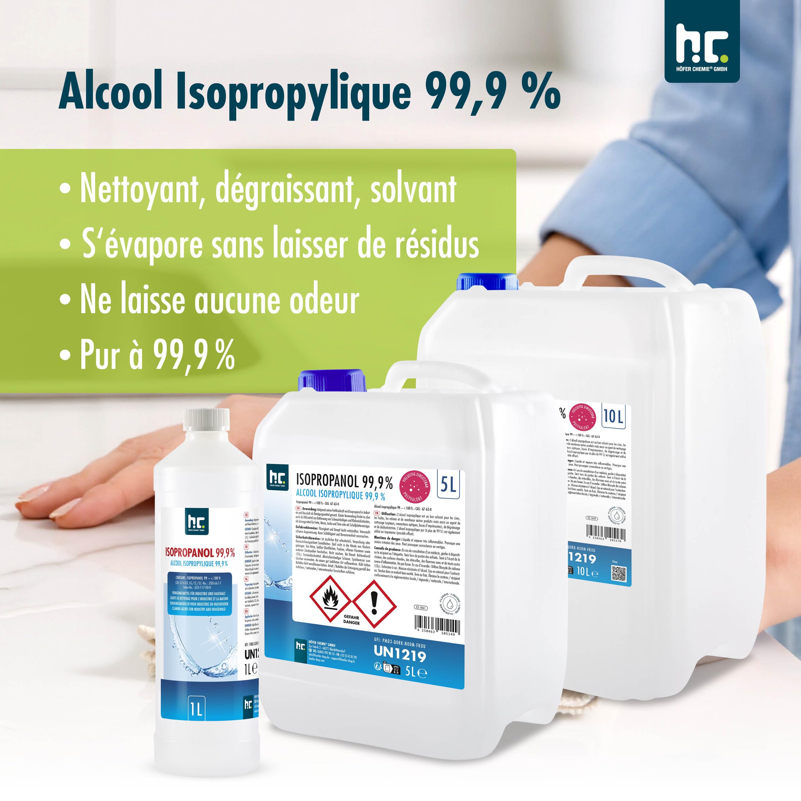 Höfer Chemie Isopropanol 99,9% (IPA) 24 X 1 L - Alcool Isopropylique pour le Nettoyage et le Dégraissage - Solvant Puissant - Multiusage
