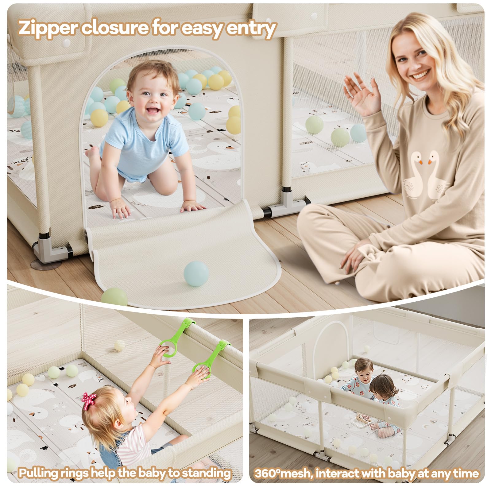 Lertantri 120x120cm Box Bambini con Materassino, Beige Recinto per Bambini, Box Bambini per Appartamento, Recinto Neonato con Rete Traspirante Sui Quattro Lati e Ventose, Petit Parc Bebe