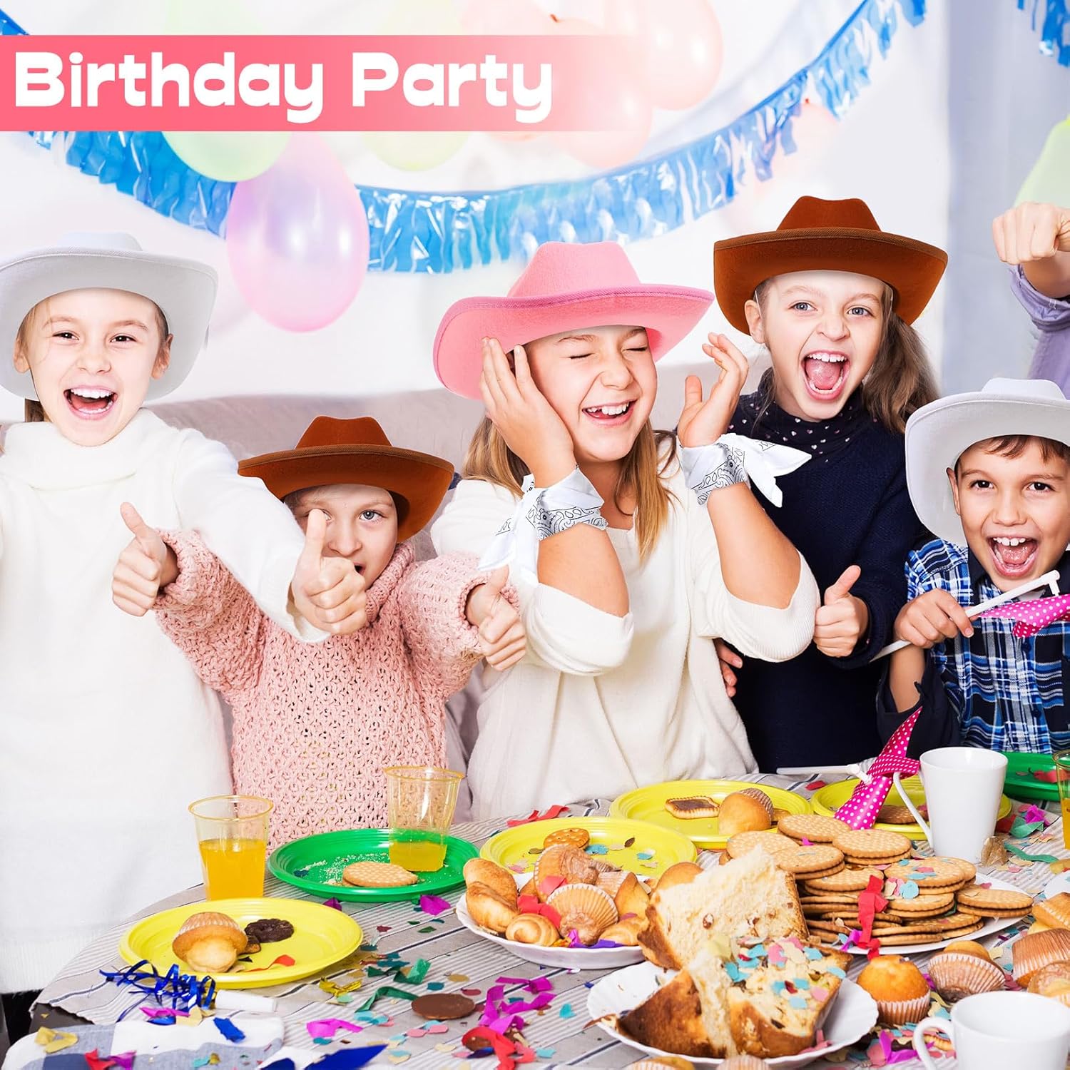 Unittype 12 Pcs Kids Cowboy Hat Set Western Cowgirl Hat and Polyester Bandanas for Boys Girls Cosplay Costume Party Favors(Many Color,Classic)