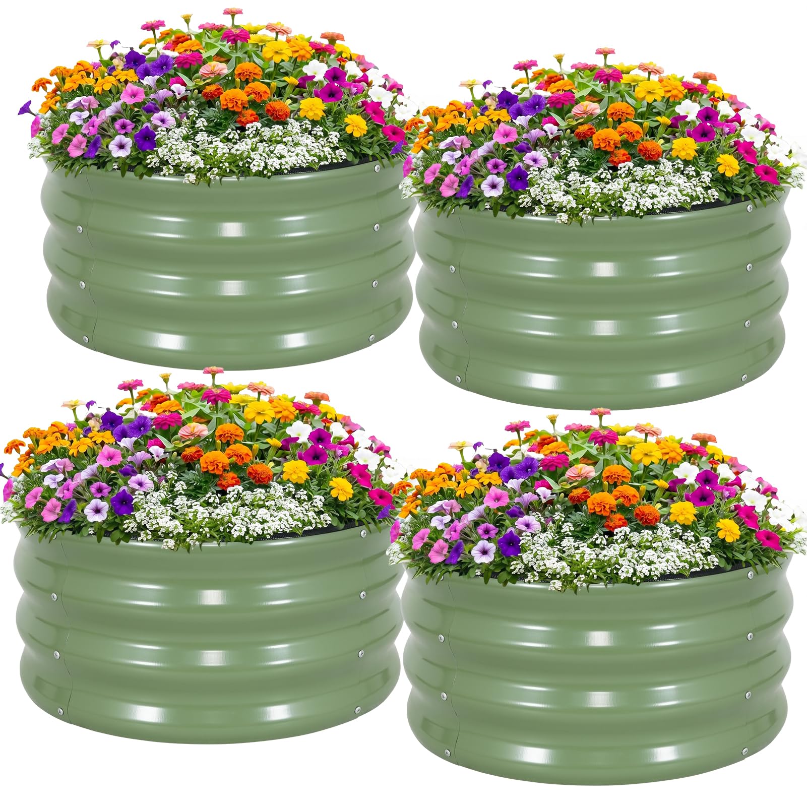 WILLOW WEAVE 4 Pcs Round Raised Garden Bed Outdoor, 2x2x1ft Circle Garden Bed, Galvanized Raised Planter Box for Gardening, Metal Raised Beds for Flower, Vegetable, Herb, OliveGreen