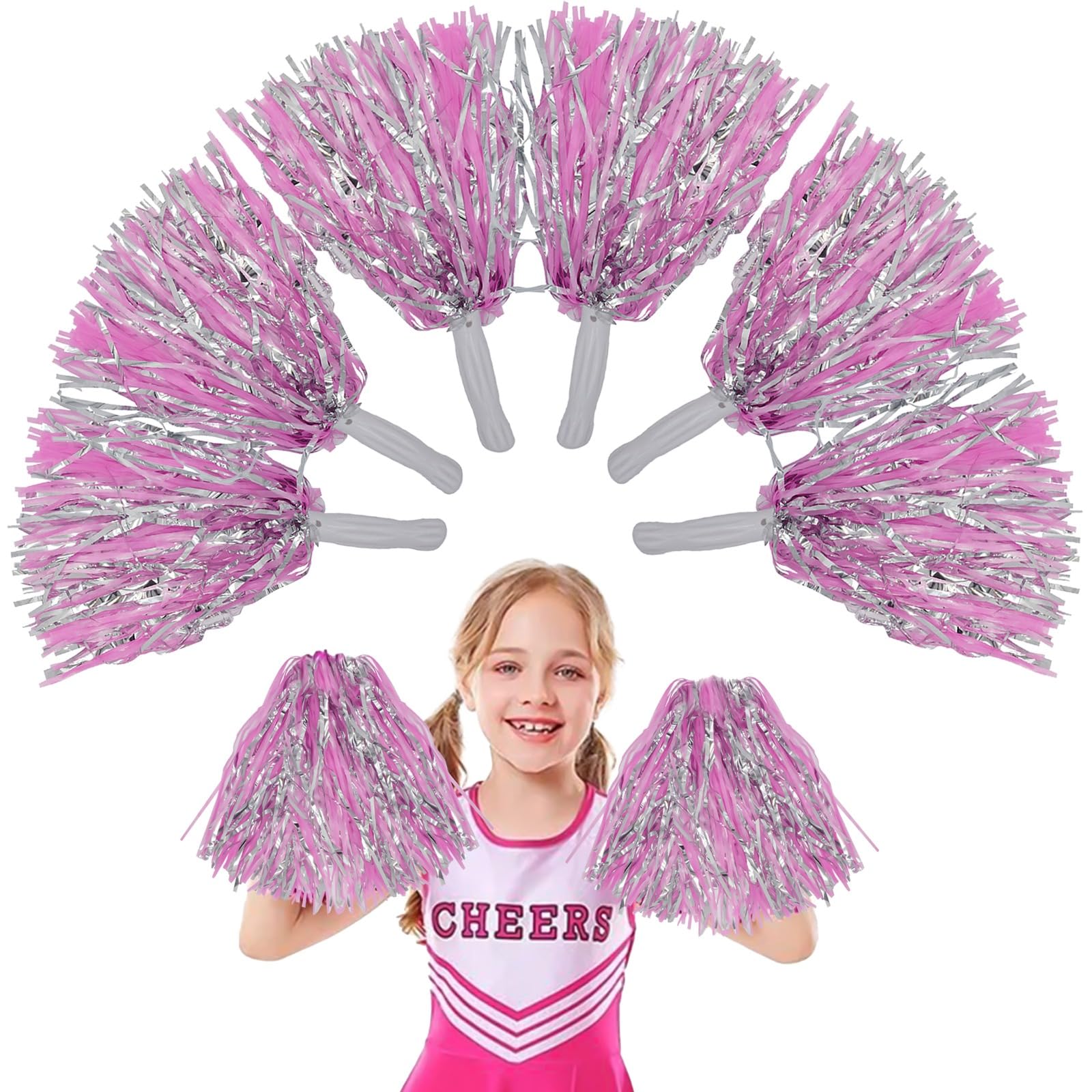 6Pcs-Pink and Silver Cheerleading Pom Poms, 35cm Easy-to-Handle Pom Poms, Multipurpose Party Set Cheerleader Pom Poms