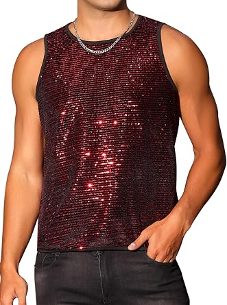 Lars Amadeus Sequins Tank Top for Mens Crew Neck Sleeveless Party Club Sparkly Metallic Vests
