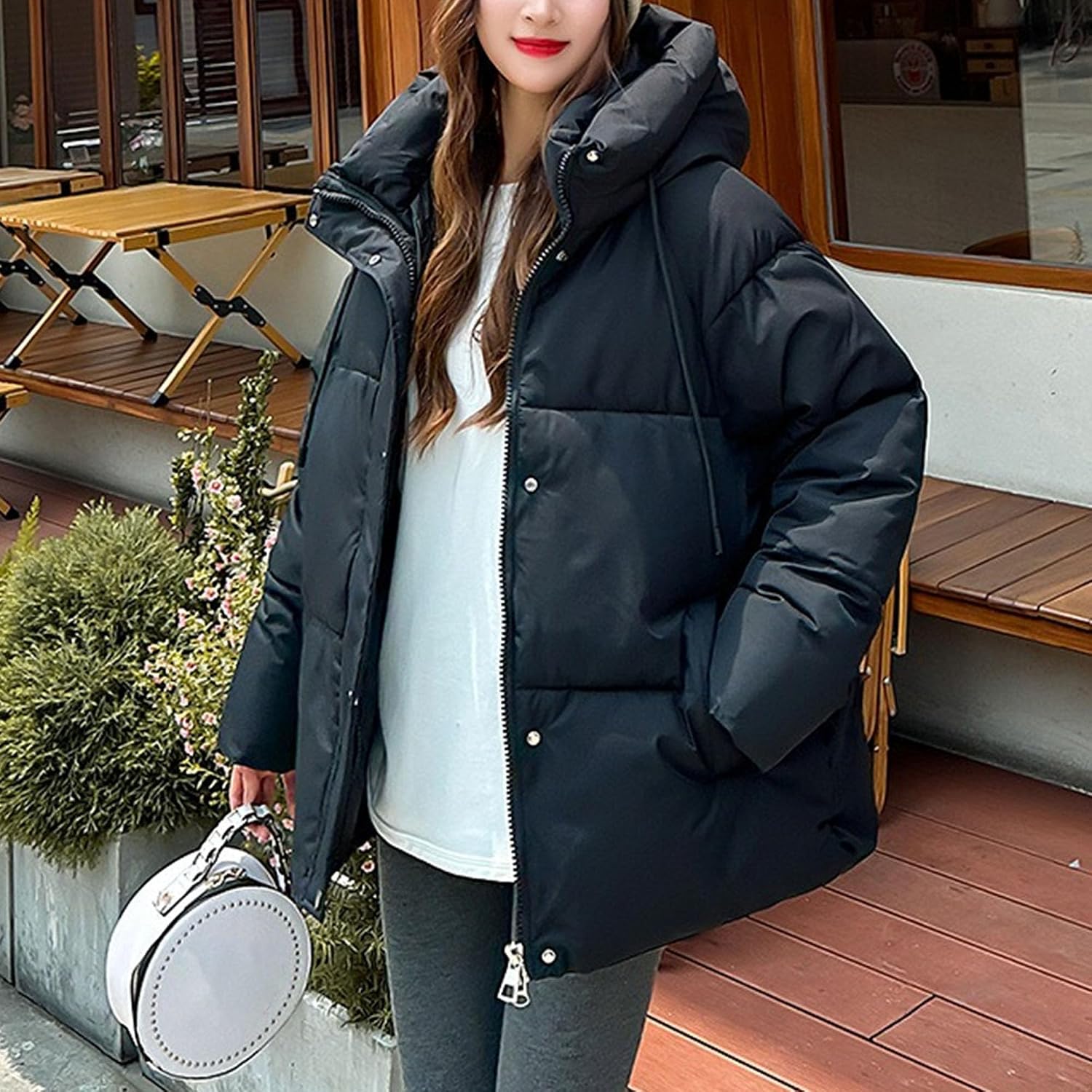 Women's Quilted Puffer Jacket, Warm Winter Coat Insulated Full Zip Parka Down Hooded Jacket Pockets Outerwear Casual