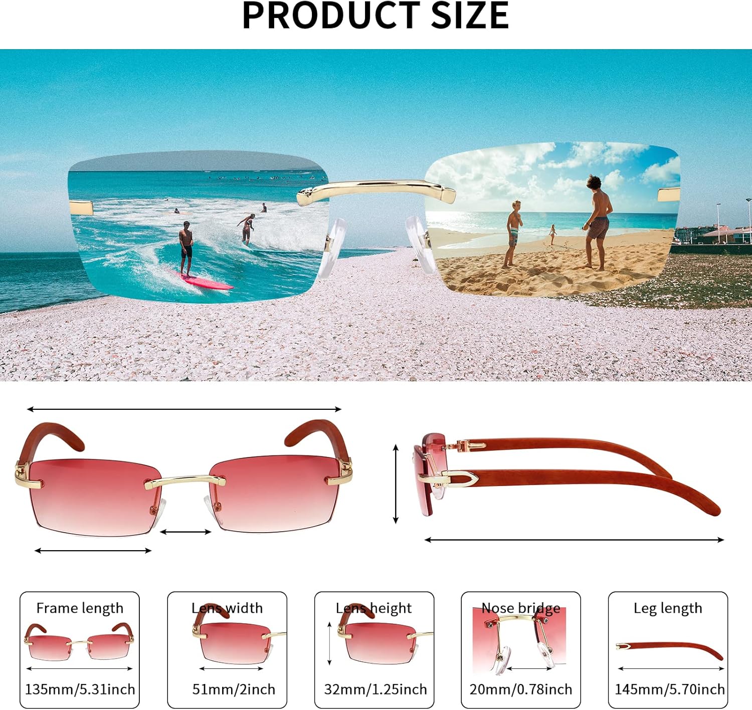 Dollger Rimless Rectangle Sunglasses for Men Women Hip-hop Wood Small Square Sunglasses Frameless 70s 90s Shades - Image 4