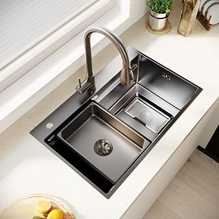 Edelstahlspüle 70×45×24.5cm| Eckige Küchenspüle| Beidseitig montierbare Spüle| Spülbecken für Küche |Einbauspüle Inkl. Siphon-Set