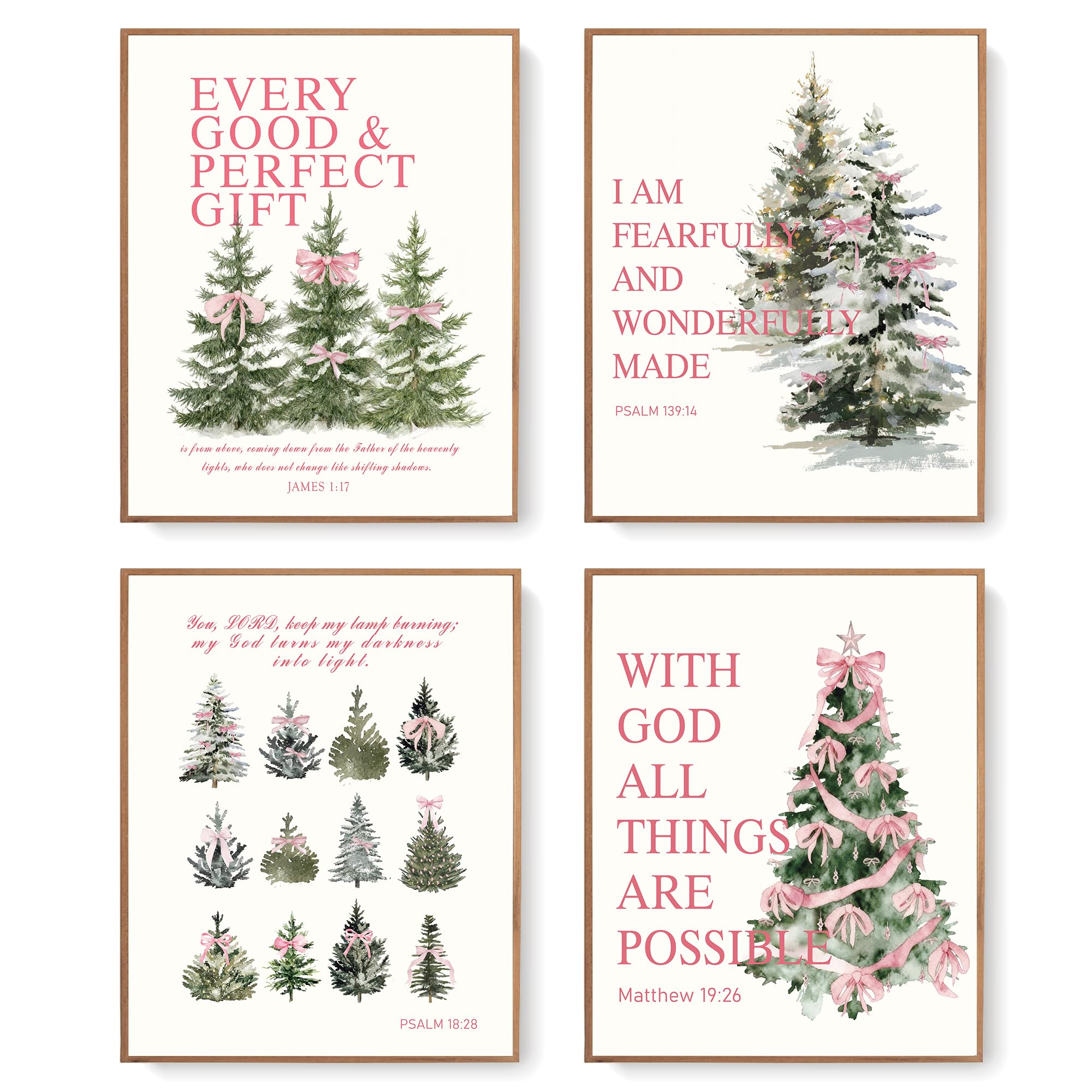 LARTSFRO Coquette Pink Bow Christmas Tree Gifts Wall Art Decor Posters, Pink Bow Christmas Christian Room Bathroom Bedroom Dorm Wall Art Decor Aesthetic for College Teen Girls Gifts, Inspirational Bible Verses Bow Wall Decor, 10x8 Inch Set of 4 Pcs Christmas Pictures (UNFRAMED)