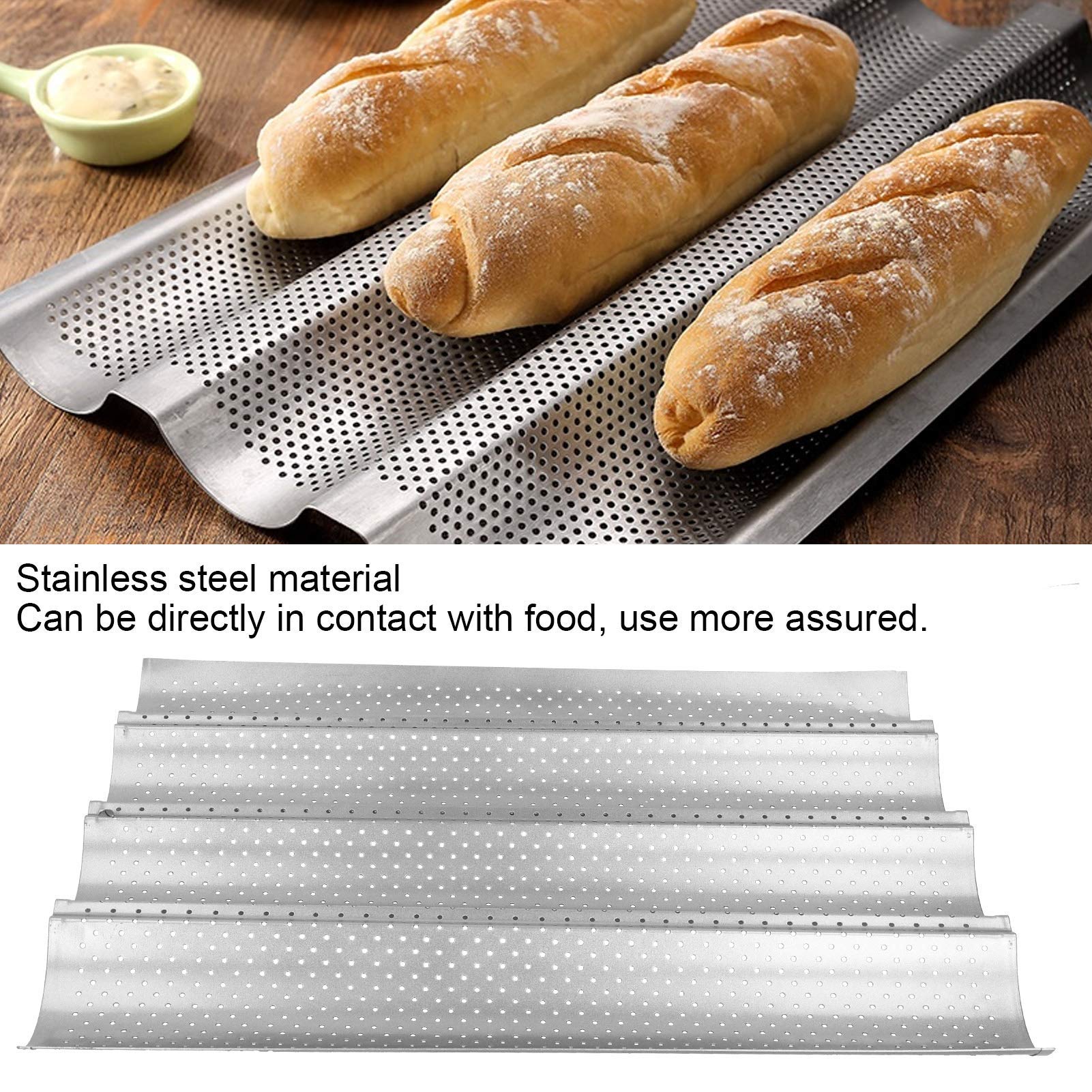 Perforated Baguette Pans, Stainless Steel Baking Tray for French Baguettes Bread Italian Bread Kitchen Accessories(4-Row)