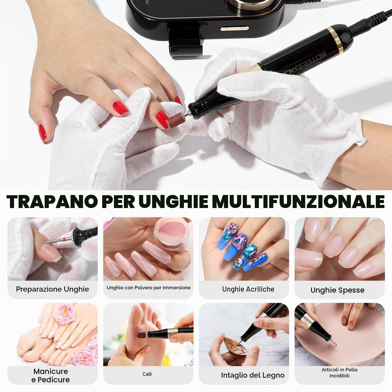 Yokefellow - Trapano per unghie, 40000 giri/min, lima professionale ricaricabile con spazzola per polvere e 17 punte per unghie, per manicure in acrilico/polvere a immersione, Regno Unito