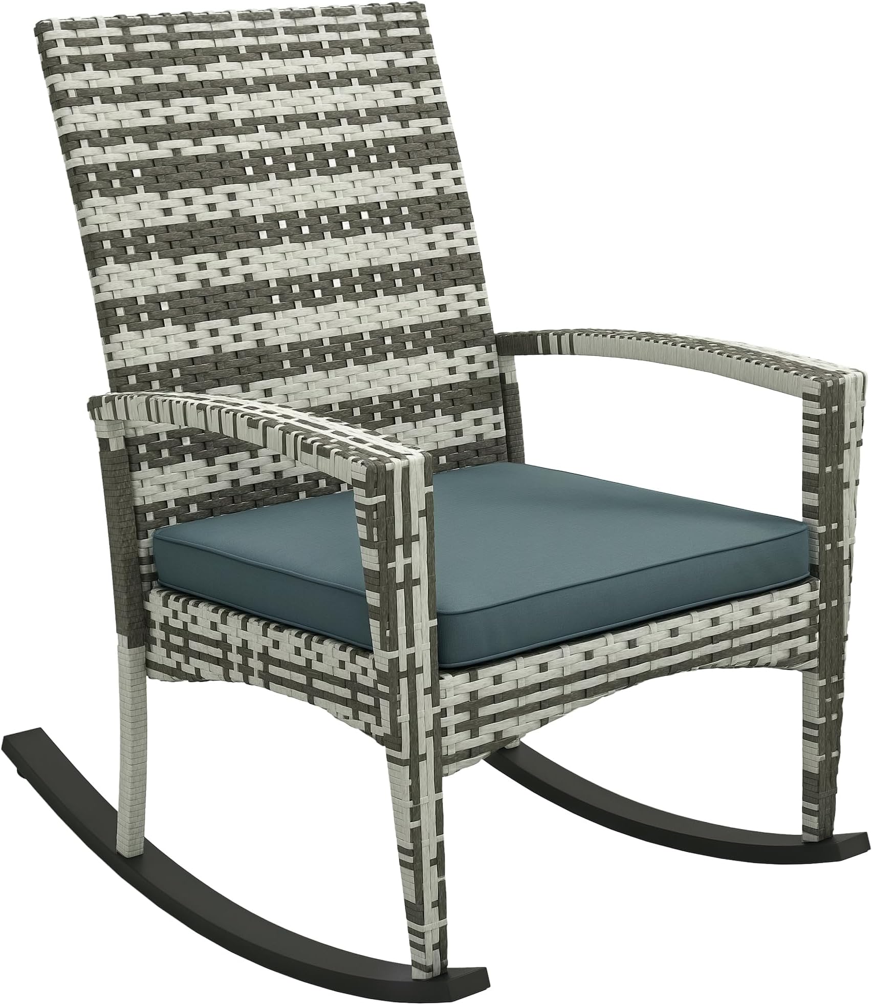 Outsunny PE Rattan Garden Rocking Chair, Outdoor Rocking with Cushion, 160 KG Capacity Wicker Garden Armchair Rocker with Metal Frame for Patio, Porch, Balcony, Light Grey