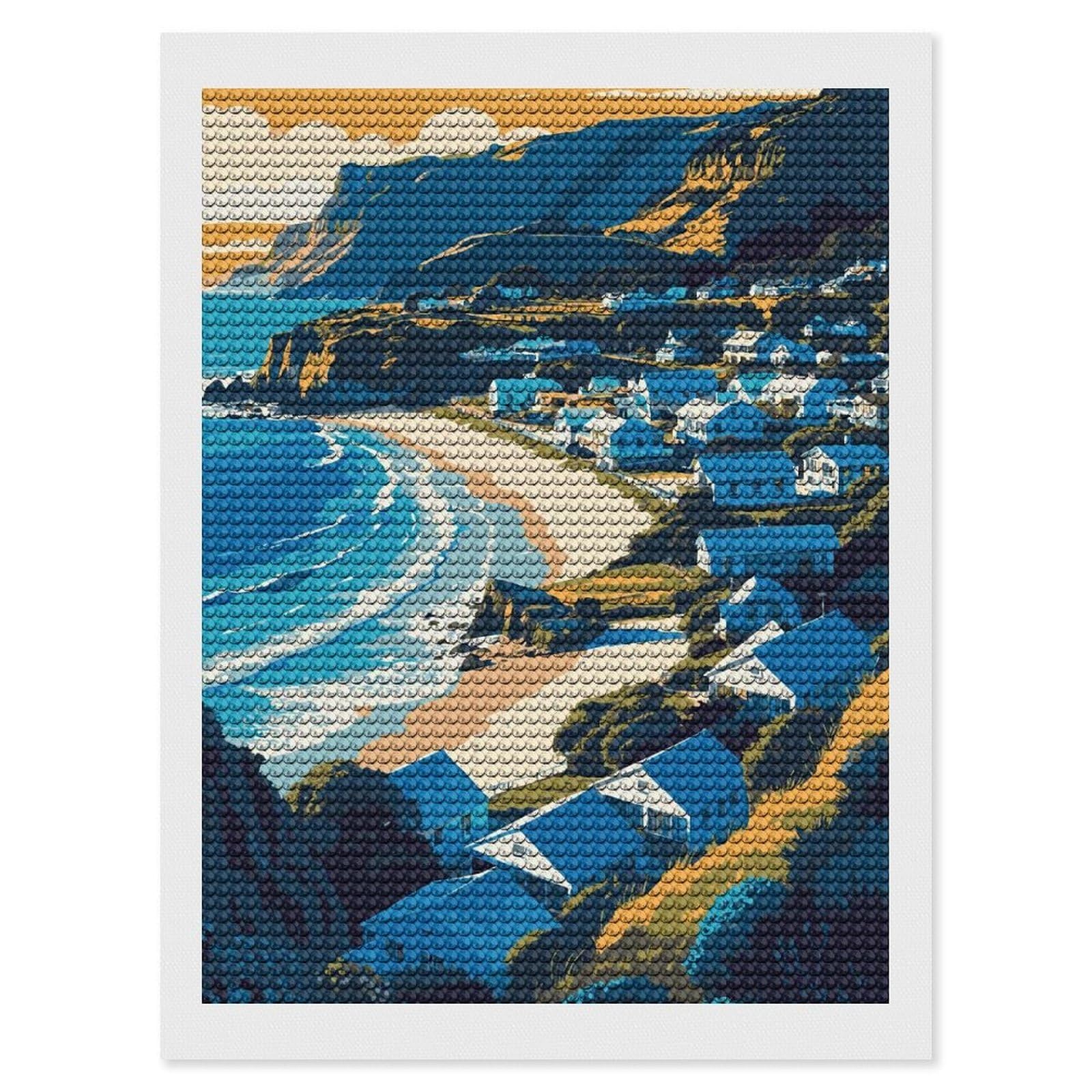 Junmoney Coastal Village Landscape Illustration Diamond Painting Canvas Set 12"x16", Easy to Enjoy, Adhesive Canvas, Office Decor, Holiday Gift Idea, with Tool Kit