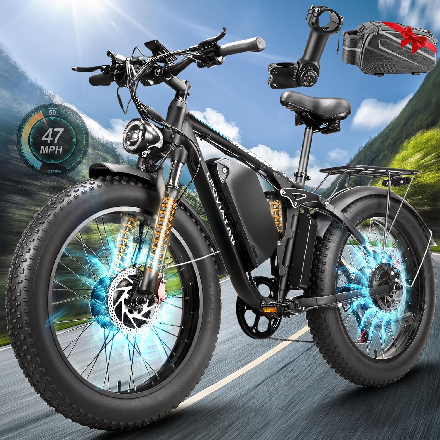 9000W-Peak 52V 34Ah 1768Wh Battery Dual-Motor-Ebike, 42-46M PH 105 Miles Range Adult Full-Suspension-Dual-Motor-Electric-Bike,24"*4.0" AWD-Men Fast-Fat-Tire-Electric-Bicycle Mountain Sand Snow