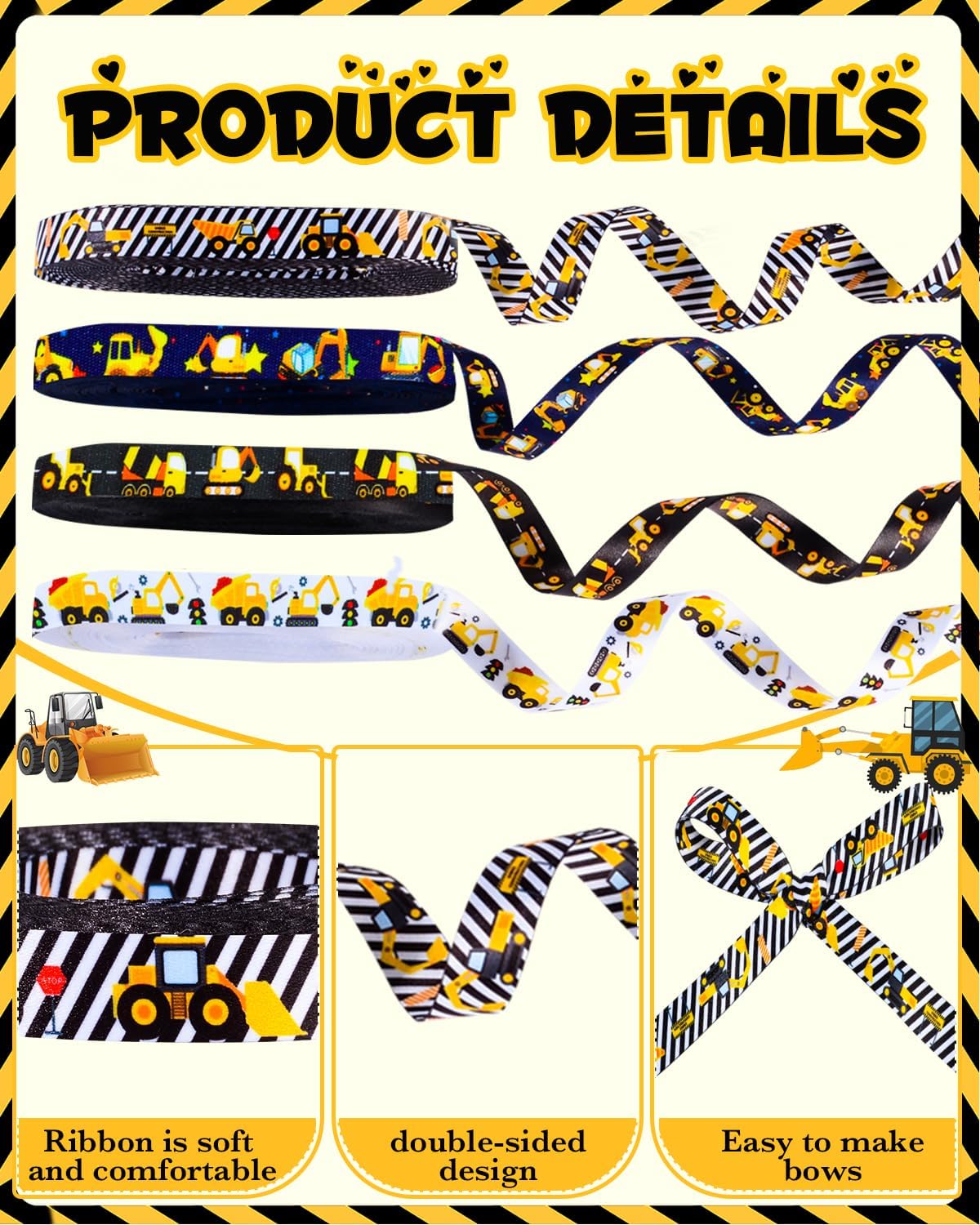 4 Rolls Construction Ribbon for Gift Wrapping 5/8 Inch (1.5cm) Construction Birthday Party Supplies 40 Yards Construction Theme Ribbon for DIY Crafts Gift Packaging Bows Party Decor