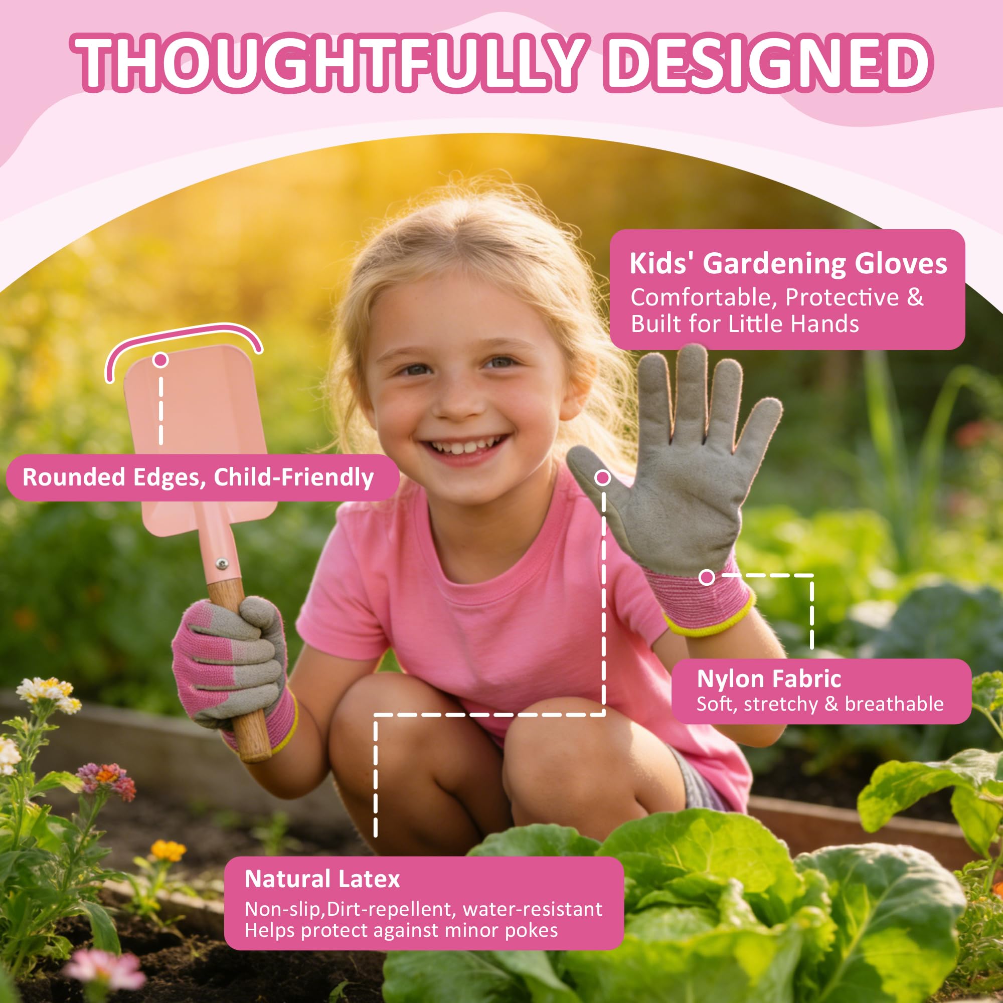 cossy Herramientas de Jardinería, Kit Jardinería para Niños de 13 Piezas, Herramientas para Huerto, Bolsa de Transporte, Regadera, Palas, Rastrillo, Guantes de Jardinería, Delantal, Rosa