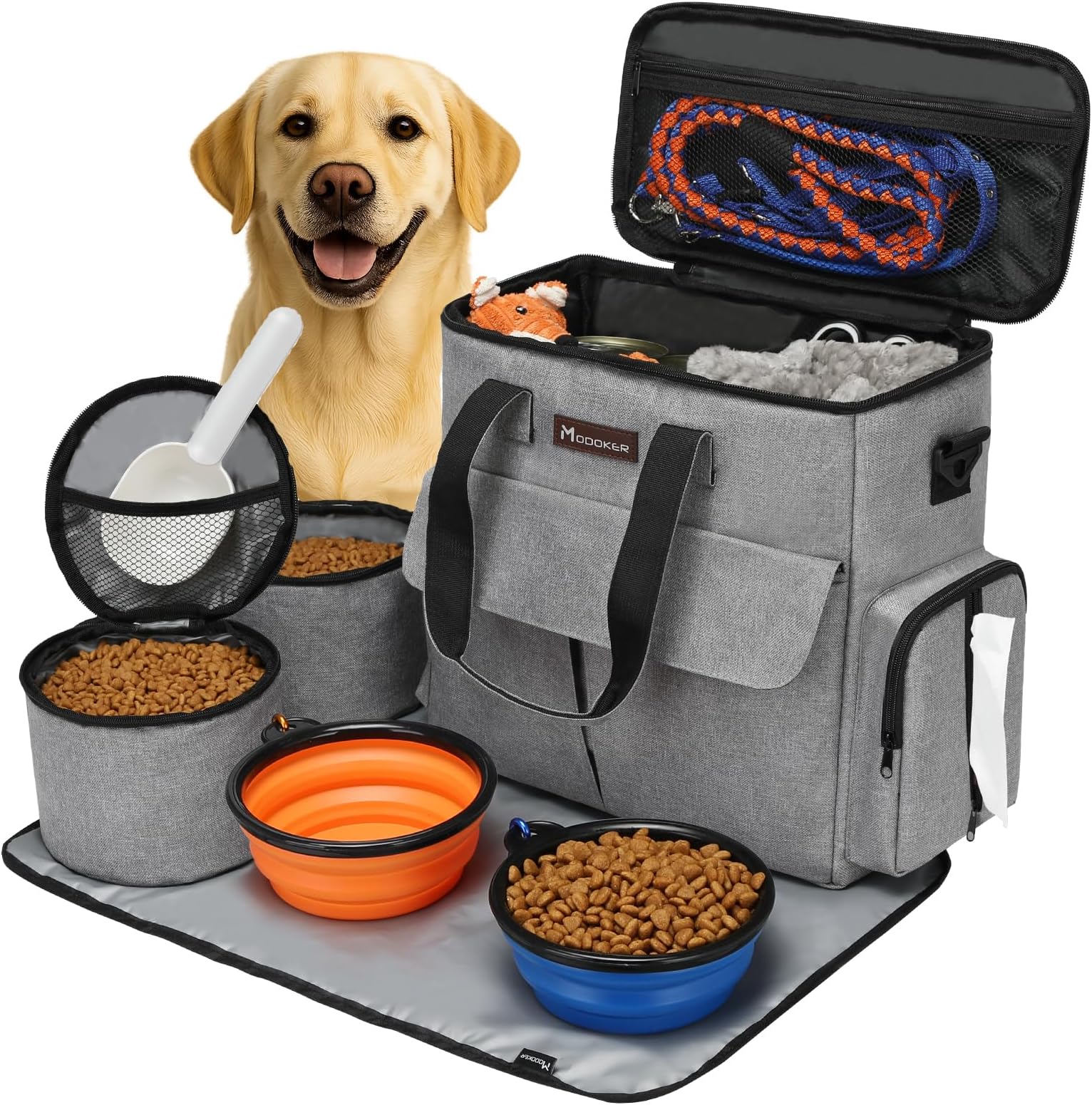 Modoker Dog Travel Bag, Weekend Pet Travel Set for Dog and Cat, Airline Approved Tote Organizer with Multi-Function Pockets, 2 Food Storage Containers, 2 Collapsible Bowls, 1 Feeding Mat (Grey)