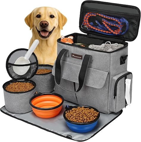 Modoker Weekend Dog Travel Bag Set with 2 Food Bags, 2 Bowls and Mat, Grey