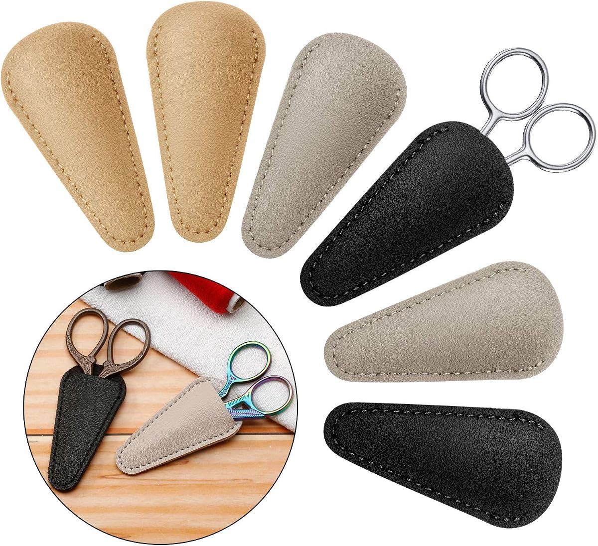 6 Pieces Scissors Sheath Safety Leather Scissors Cover Protector Colorful Sewing Scissor Sheath Portable Eyebrow Trimming Beauty Tool Protection Cover Collect Bags (Black, Gray and Light Apricot)