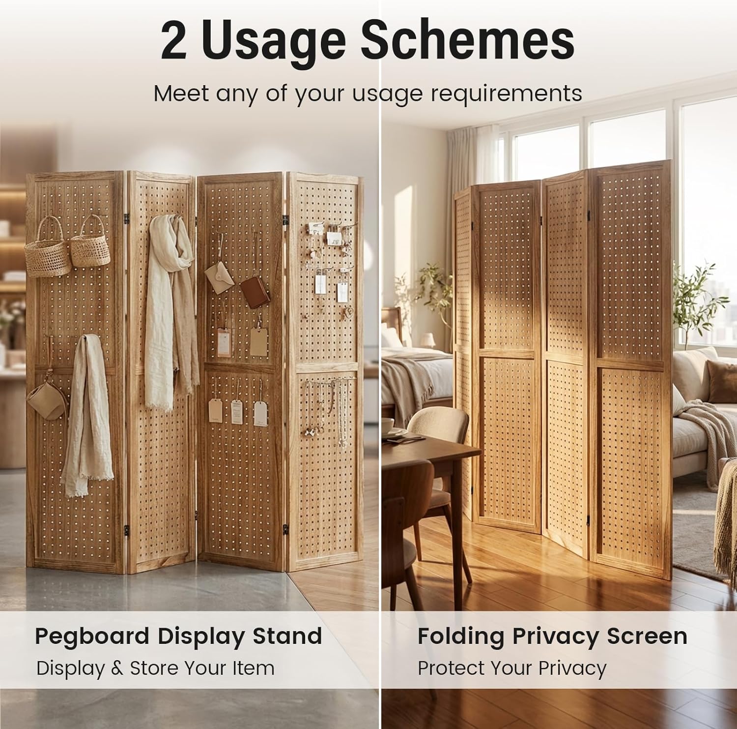 4 Panel Pegboard Room Divider, 5.6 Ft Folding Privacy Screen, Freestanding Wooden Display Board Organizer for Craft Show, Jewelry Display, Bedroom, Office, Natural