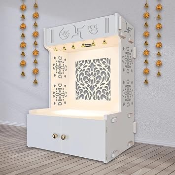 Wooden Temple/Mandir for Home with Spacious Shelf Inbuilt Focus Light Office White Size-18D*22W*37H inch White, Intricate Jali Design