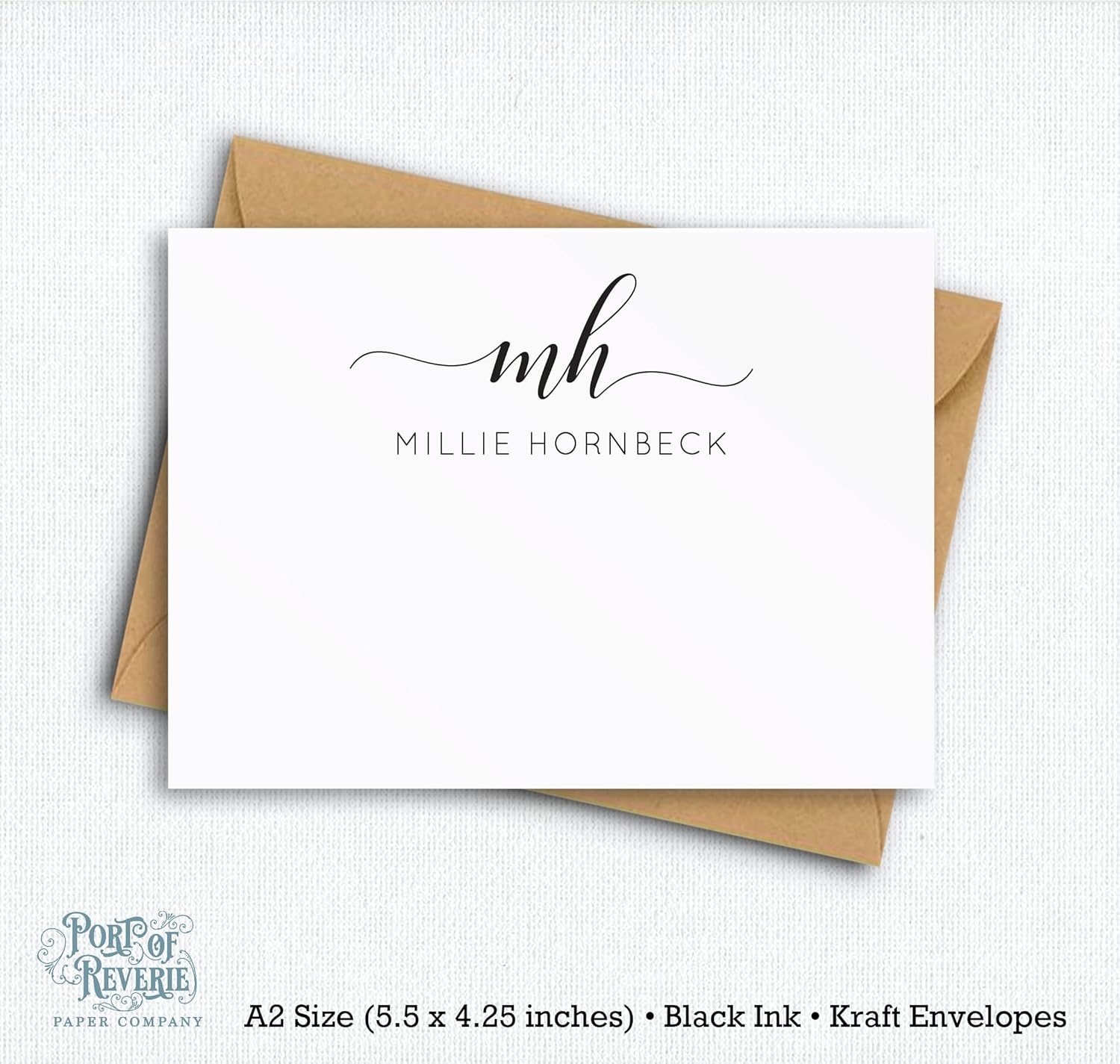 Personalized Monogram Stationery Note Cards and Envelopes, FLAT Notecards A2 Size, Port of Reverie Paper Company