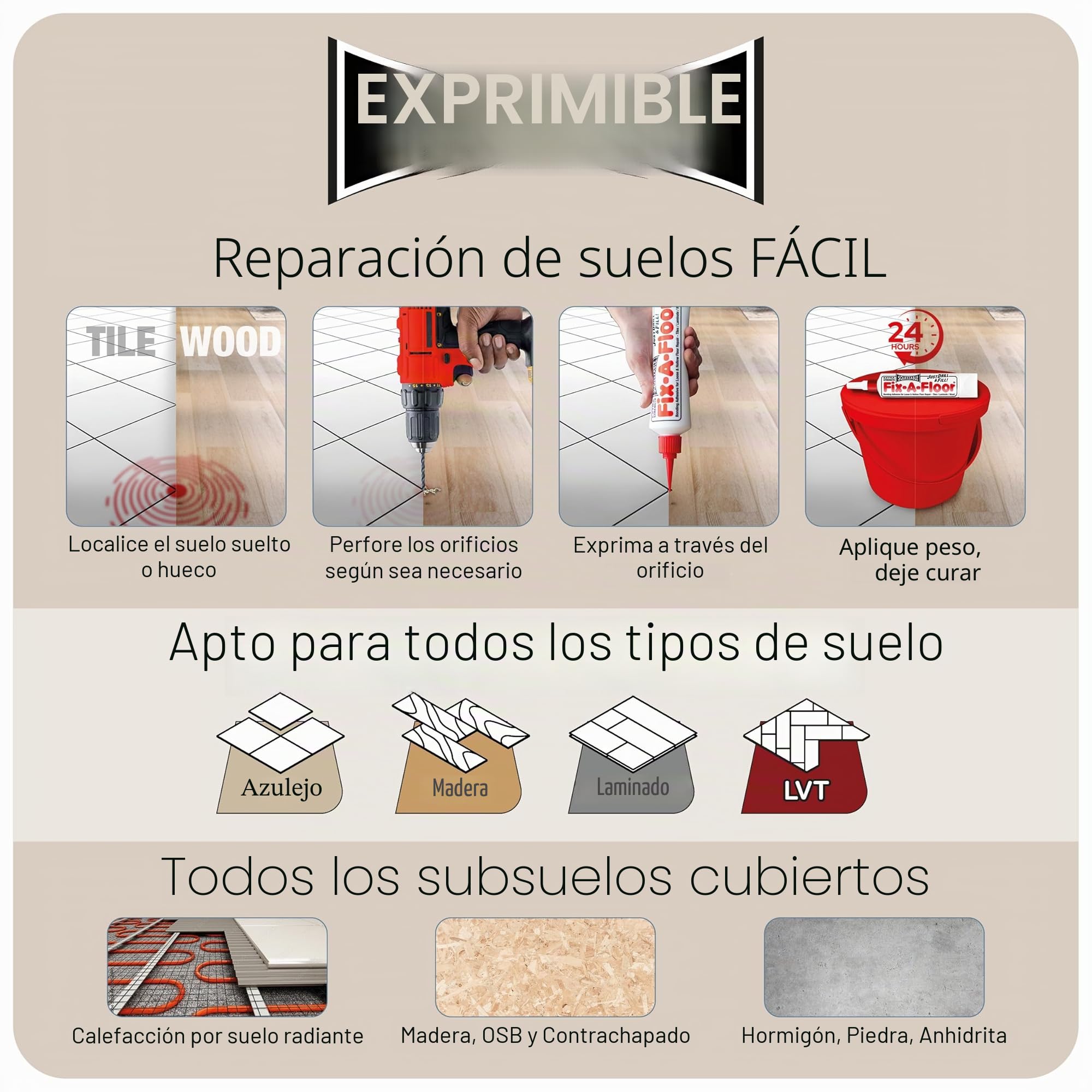 Fix-A-Floor Adhesivo de unión todo en uno comprimible para azulejos sueltos y huecos, madera, LVT y laminado, extrafuerte, ecológico y no tóxico, incluye tapa de conservación (paquete de 1)