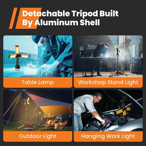 Rechargeable Work Light with Stand, GoGonova Cordless Work Light with Triple LED Lamps, 8AH Battery, 700/1200/2200 Lumen, 4000/6500K Dimmable Camping Light with Detachable Tripod(Yellow)