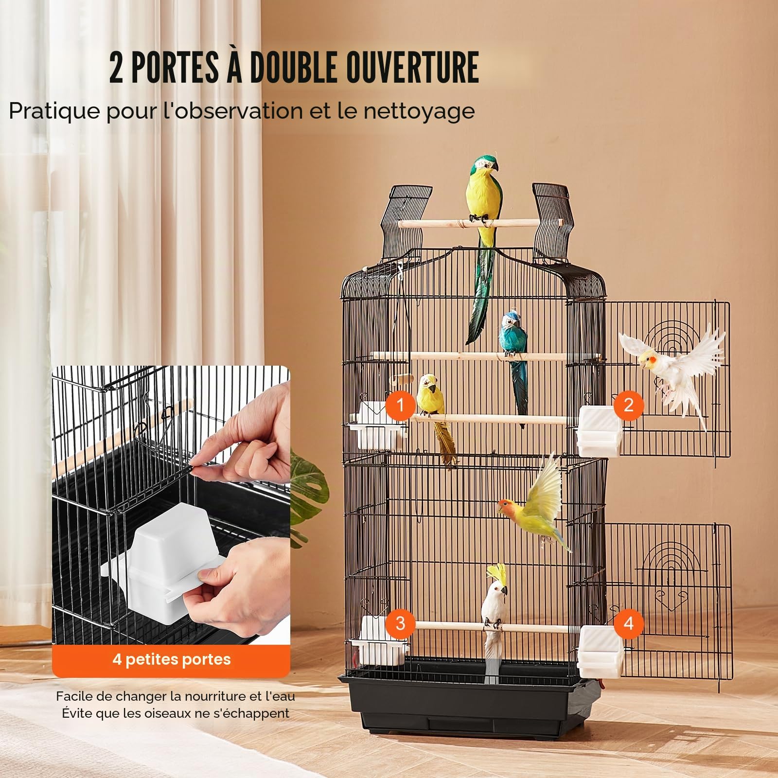 VEVOR Grande Cage Oiseau Métal Suspendue 45,7 x 35,5 x 92,5 cm Dessus Ouvert Balançoire Perchoir pour Perruches Pinsons Canaris