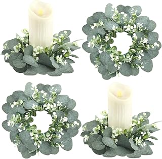 Waydress 4 Pieces Candle Rings Artificial Eucalyptus Leaves Wreaths Small Boho Wreaths Rings Pillar Candle Holder for Wedding Home Door Tabletop Decoration