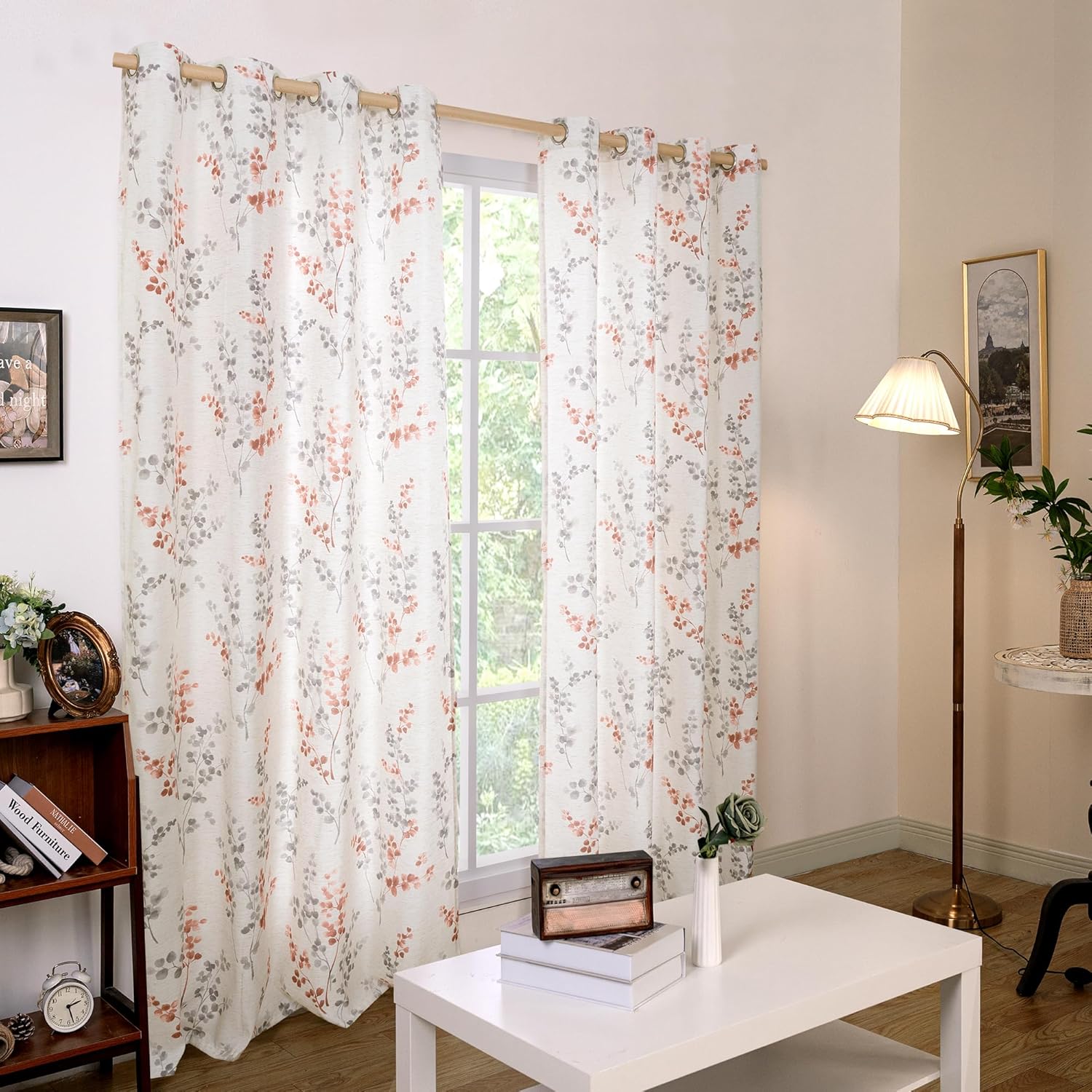 BGment Linen Curtains for Living Room 63 Inch Length 2 Panels Floral Leaf Pattern, Light Filtering Window Privacy Curtains for Bedroom Boho Farmhouse Vintage, Each 52 Inch Wide, Terracotta