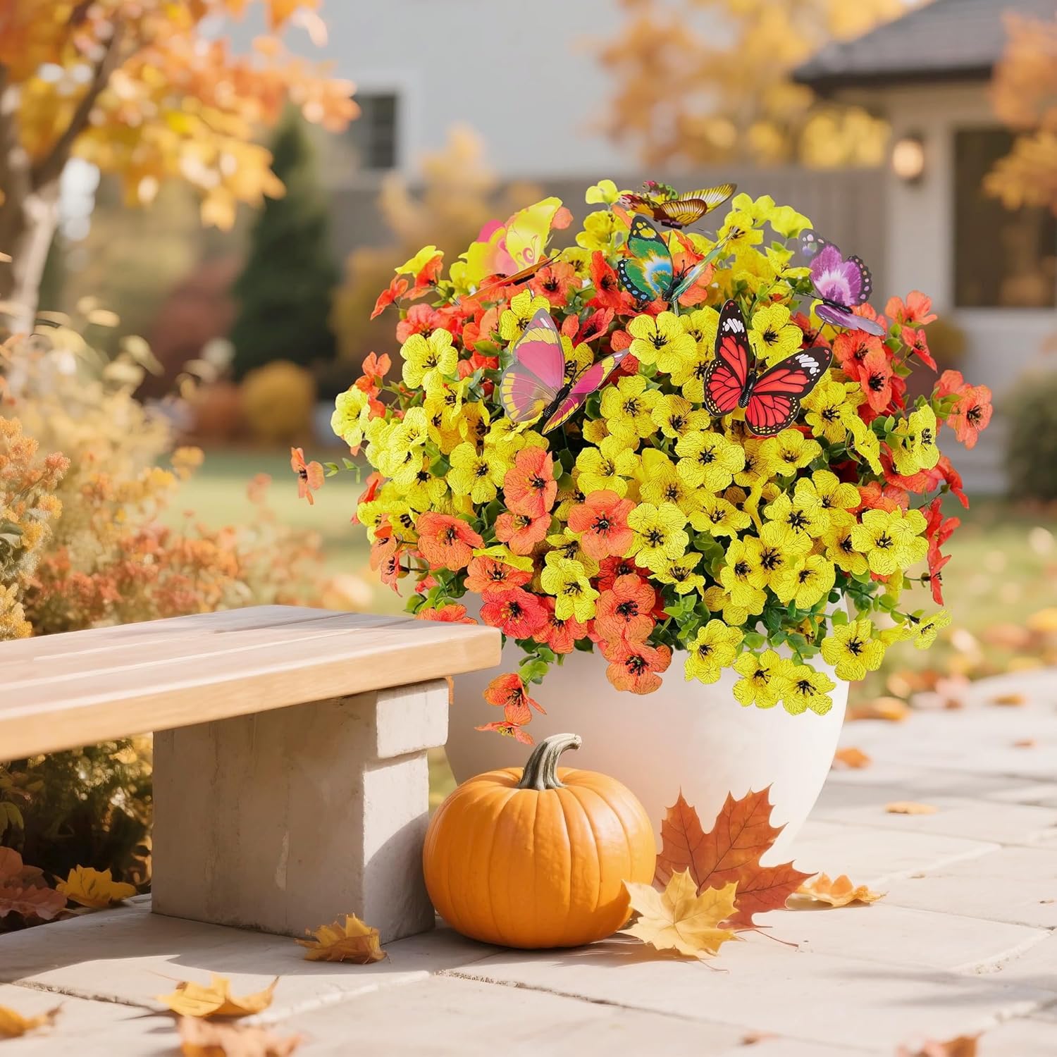 20 Bundles Artificial Flowers for Outdoors‌ with 6 Faux Butterflies, UV Resistant and No Fade, ‌Fake Flowers for Garden Patio Porch Home Decor Wedding Easter Mother's Day (Orange Yellow)