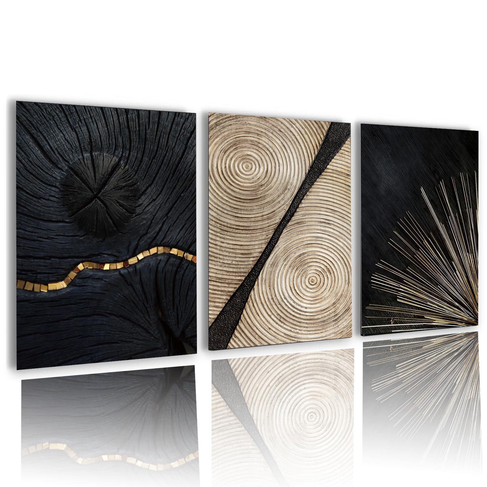 HEHGVCF Set di 3 poster su tela con motivo a righe in oro, nero, bianco e oro, set di immagini astratte con anelli annuali, stampe artistiche da parete, senza cornice (A++B+C, 50 x 75 cm)