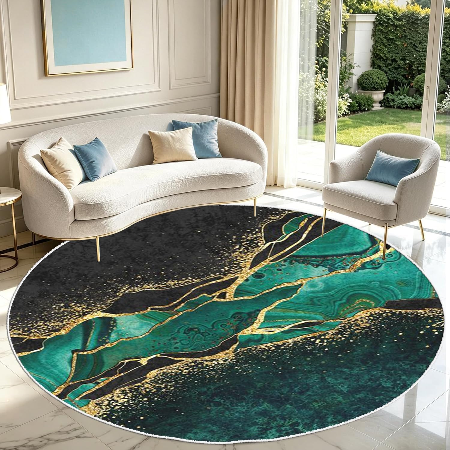 PDENZG Marble Luxury Round Rug,240cm,Abstract Gold Fluid Foil Emerald Green Rug,Soft and Ultra-Thin Round Modern Rugs, Washable Non-Slip Circular Carpet for Bedroom Living Room Dining Room