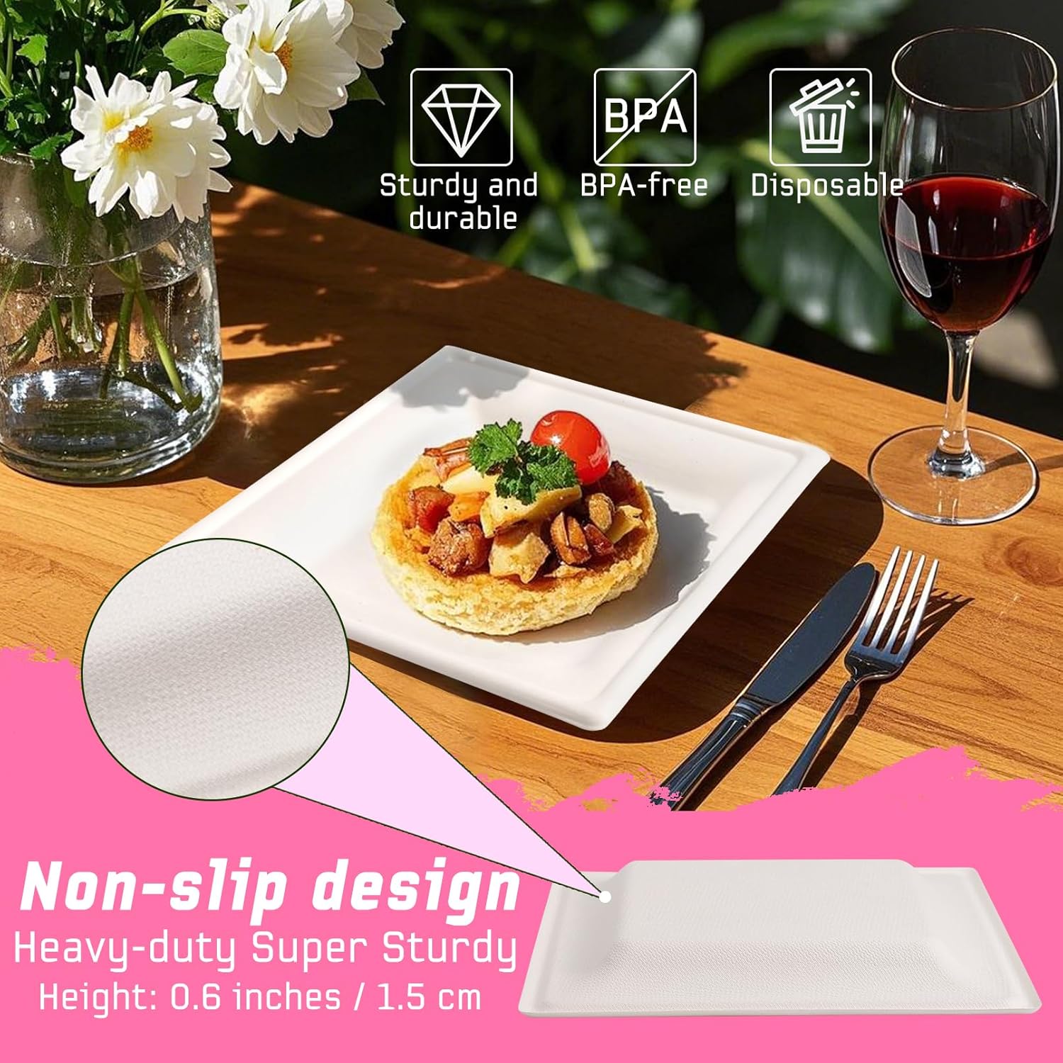 6 Inch Dessert Plates, 300 Pack Compostable Sugarcane Plate, Small Disposable Square Paper Plates, Heavy Duty Bagasse Dinner Plates for Cake, Daily Meals, Party, wedding, Picnic(White)
