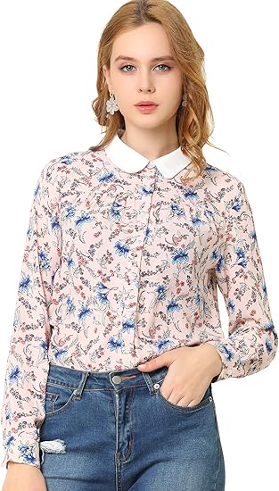 Amazon Allegra K ボタンアップ シャツ 花柄 ブラウス 襟付き 折襟 オフィス 事務服 長袖レディース シャツ ブラウス 通販