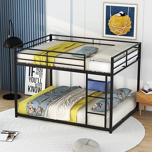 Miniatura 33 de Litera de tamaño individual sobre individual, litera baja con escalera, litera de metal con barandillas, marco de cama de metal resistente para