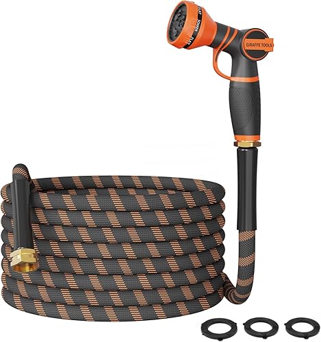 Miniatura 1 de Giraffe Tools Manguera de jardín de 50 pies, no expandible, ligera, flexible, para agua, 600 psi, con 9 funciones de pulverización, manguera