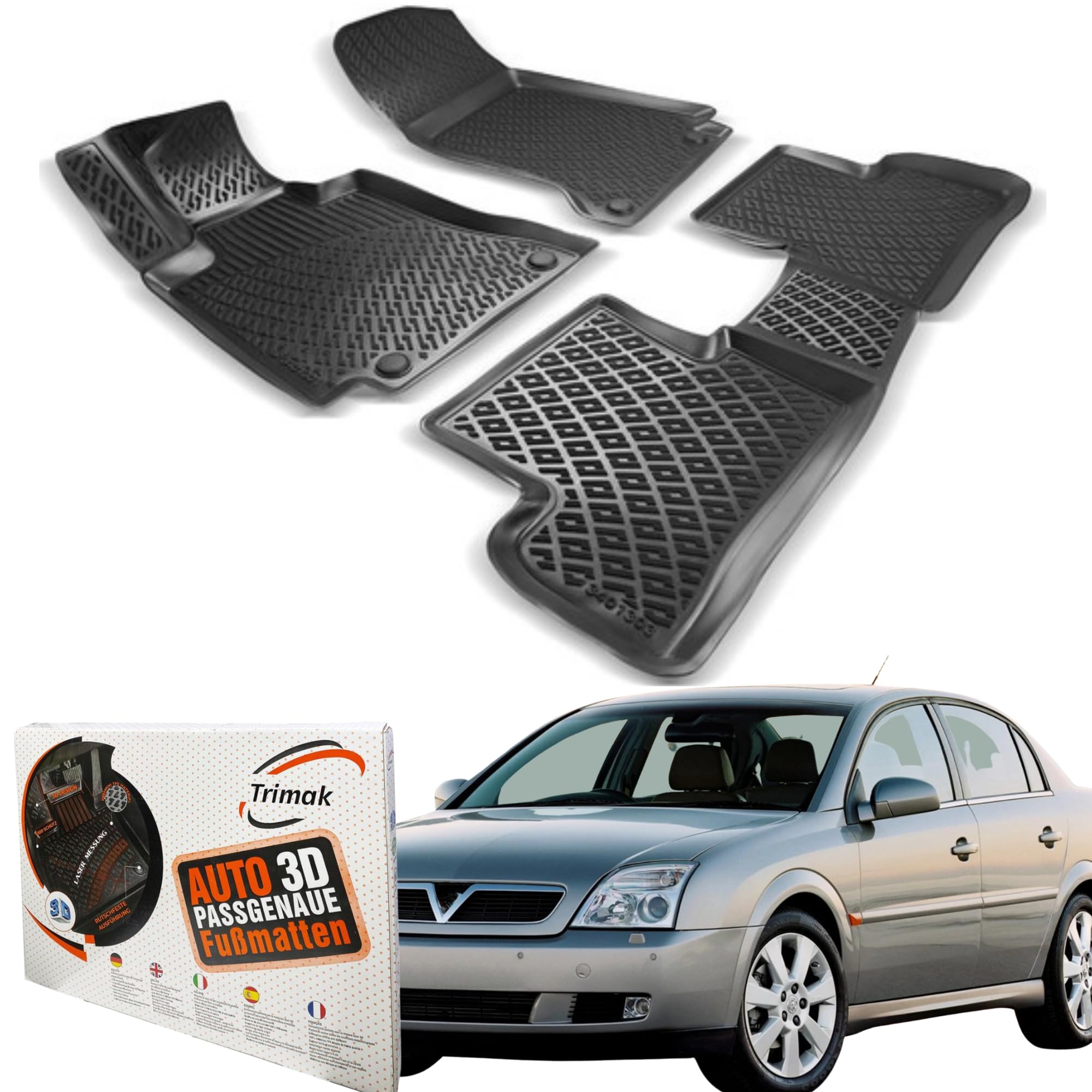 Trimak Dokładnie dopasowane dywaniki samochodowe 3D kompatybilne z Opel Vectra C 2002 - 2008 akcesoria samochodowe 1. I 2. rząd gumowe samochody TPE na każdą pogodę Bezzapachowe antypoślizgowe przód i tył czarne