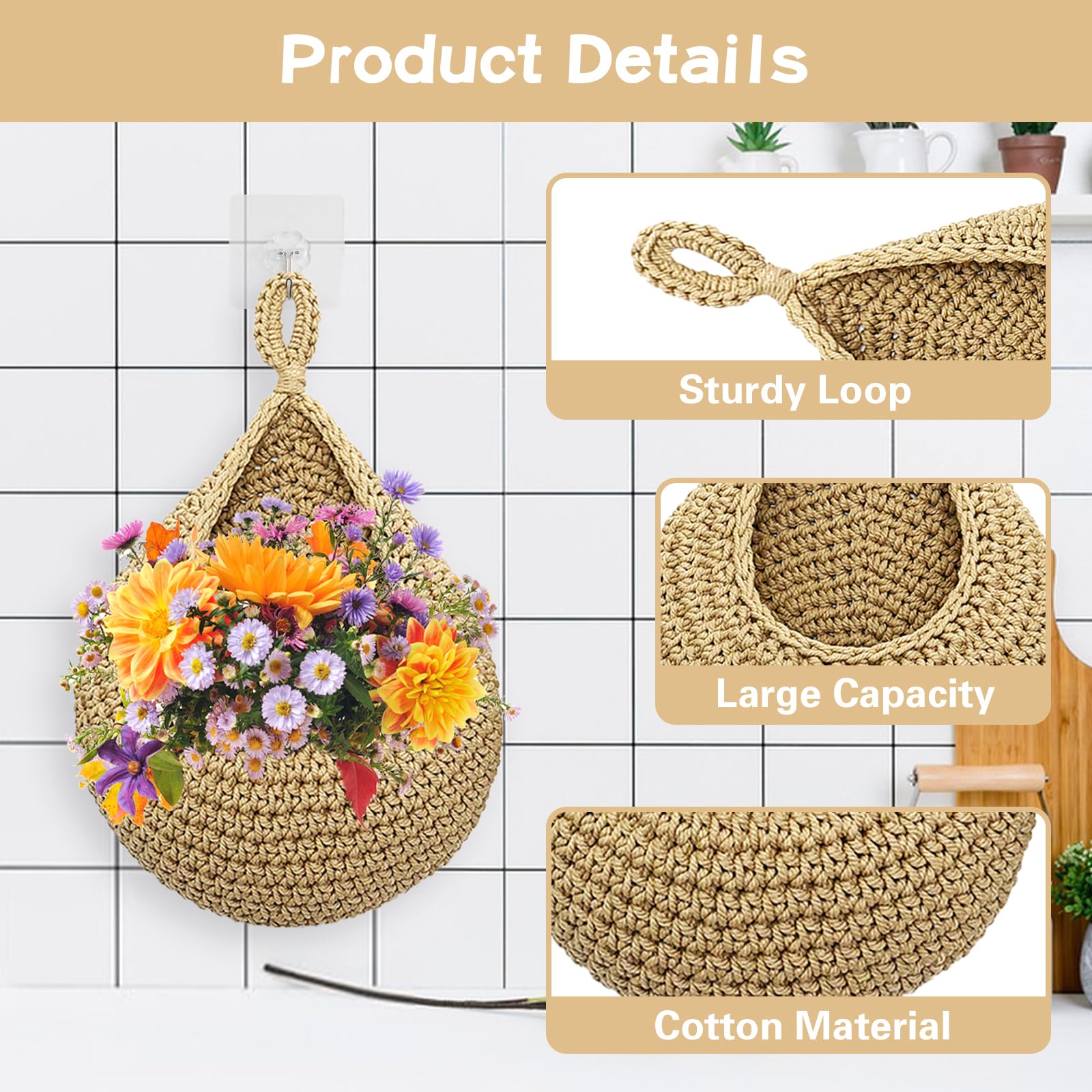Juego De 3 Cestas Colgantes De Pared Tejidas A Mano - Forma De Lágrima, Material Yute Natural, Tamaños S (21x21x18 Cm), M (26x27x18 Cm), L (26x35x20 Cm)