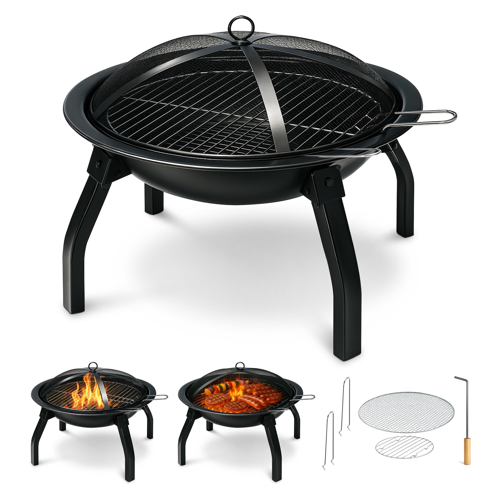 Keplin - Portable Folding Fire Pit with Lid & Carry Bag - Durable Stainless Steel 304 Firepit with BBQ Grill, Food Safe & Dishwasher Safe, for Garden, Camping, Patio & BBQs - 55x55x28cm Unfolded