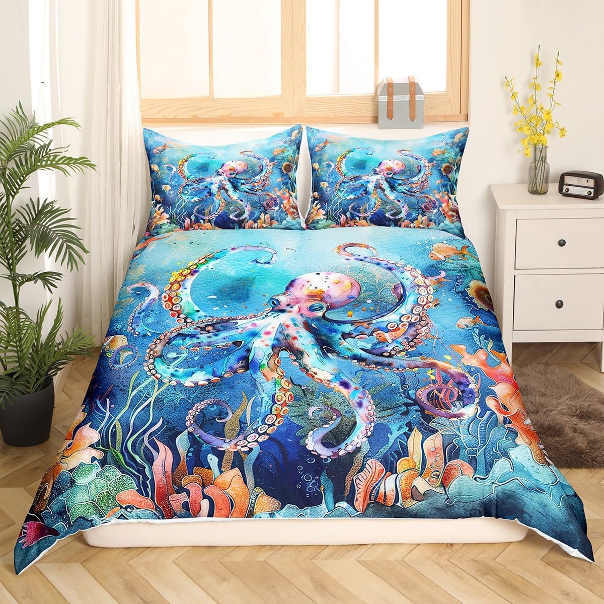 Feelyou Octopus Comforter Cover King Size for Boys Girls, Ocean Octopus Bedding Set Sealife Duvet Cover Ocean Animal Bedspread Cover Room Decor Breathable Quilt Cover(No Comforter)